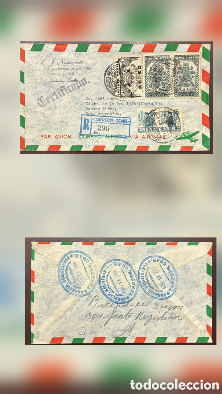 Sellos: CA)Mexico.1949.Registered Airmail Letter.Envelope sent from Torre&oacute;n, Coahuila to Buenos Aires, Argen