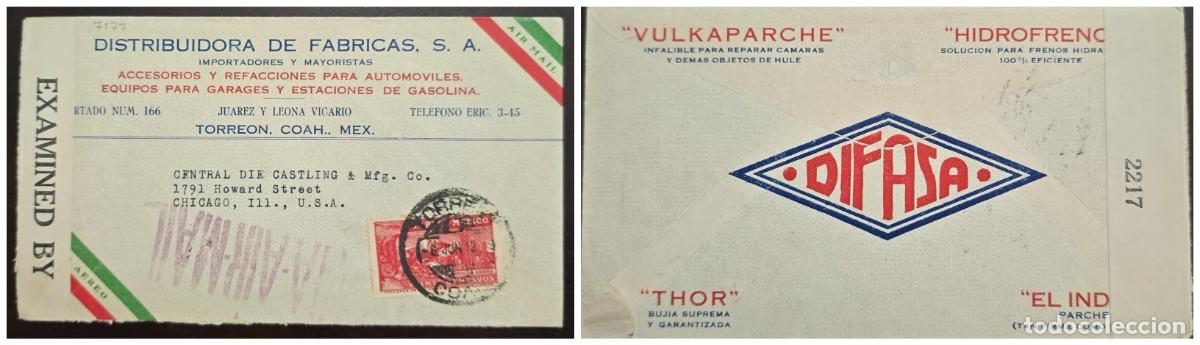 Sellos: O) 1935 circa, CENSORSHIP, MEXICO, EAGLE MAN, SCT C68, AIRMAIL, DISTRIBUIDORA DE FABRICAS, DIFASA,