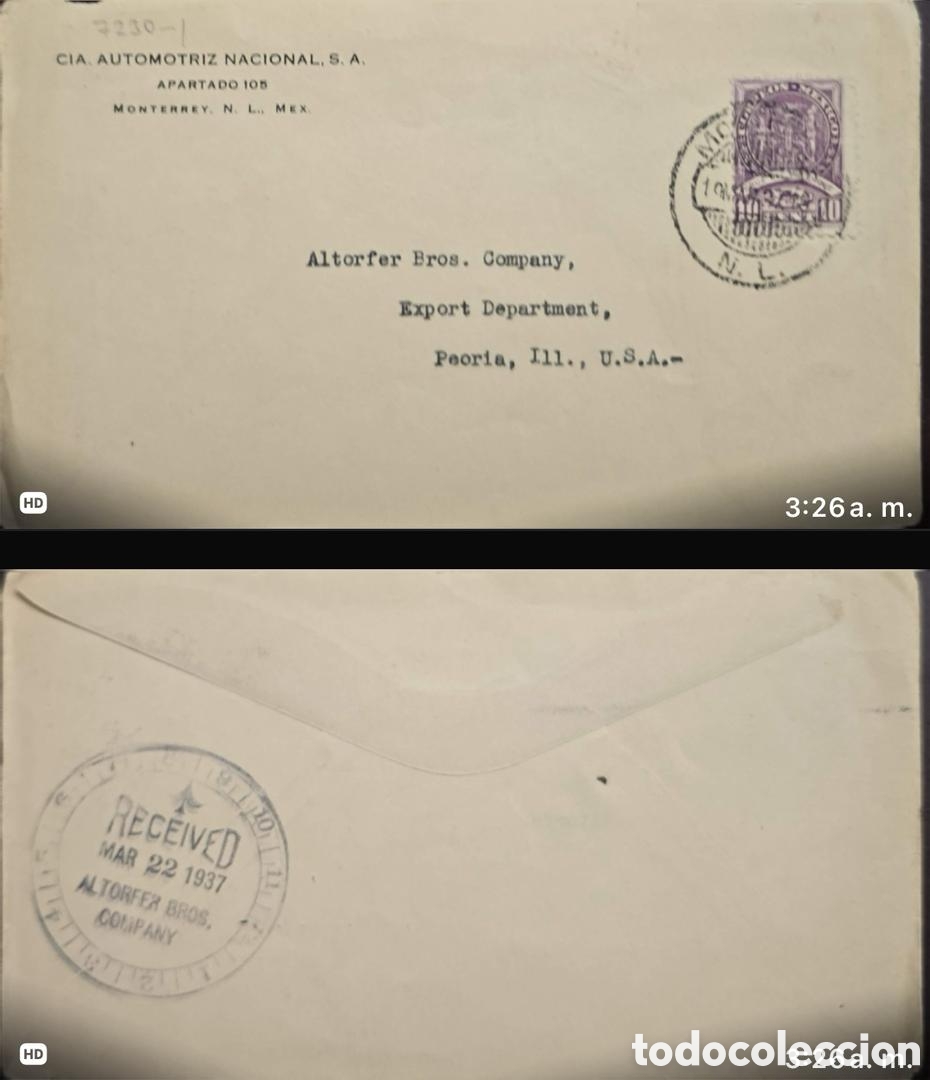 Sellos: CA) 1937. Mexico . About moving to Peoria USA from Monterrey. With a stamp from Cruz del Palenqu