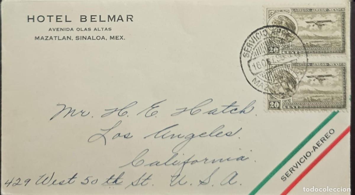 Sellos: O) 1921 circa, MEXICO, PAIR - COAT OF ARMS AND AIRPLANE SCT C23 20c brown olive, AIRMAIL CIRCULATED