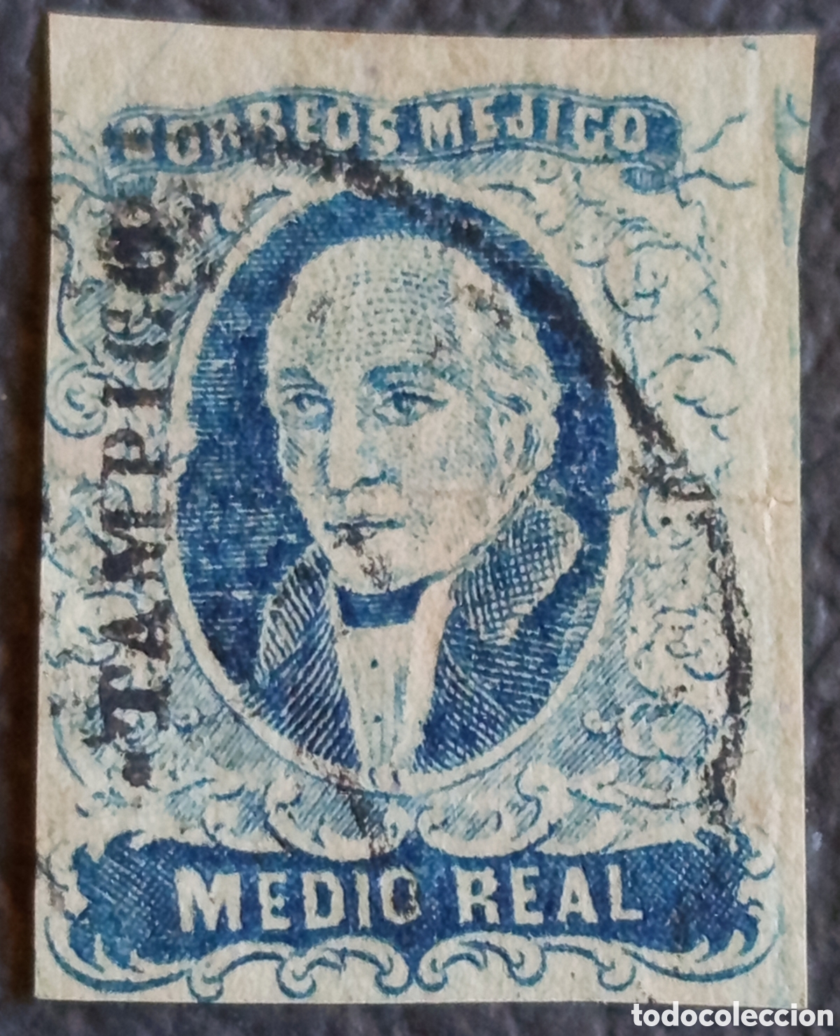 Sellos: M&eacute;xico 1856 Correos Mejico Hidalgo Medio Real Azul Tampico Imperforado Usado Scott 1