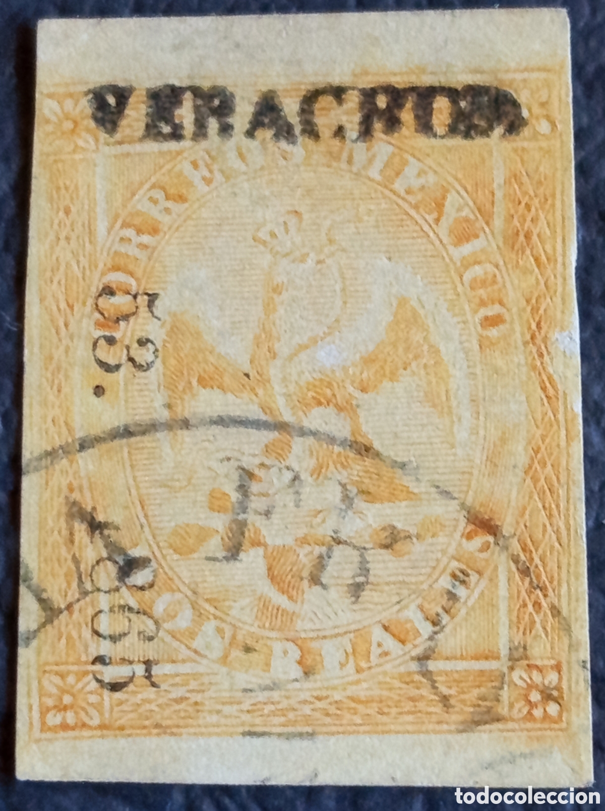 Sellos: M&eacute;xico 1856 Correos Mejico &Aacute;guila 4 Reales Naranja Distrito Veracruz Imperforado Usado Scott 4