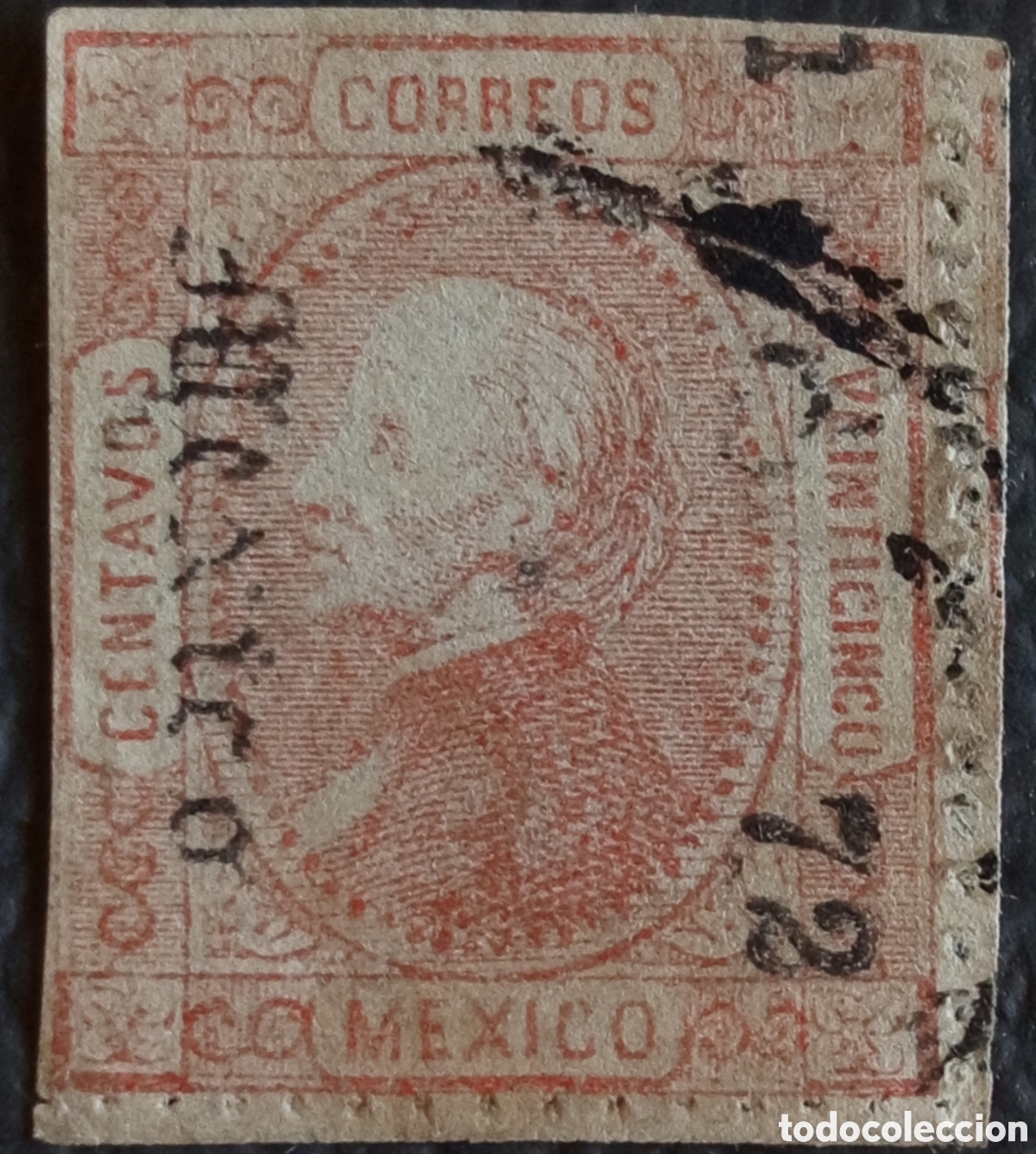 Sellos: M&eacute;xico 1868 Hidalgo 25 Centavos Rojo Filigrana L&iacute;neas Diagonales Usado Scott 26