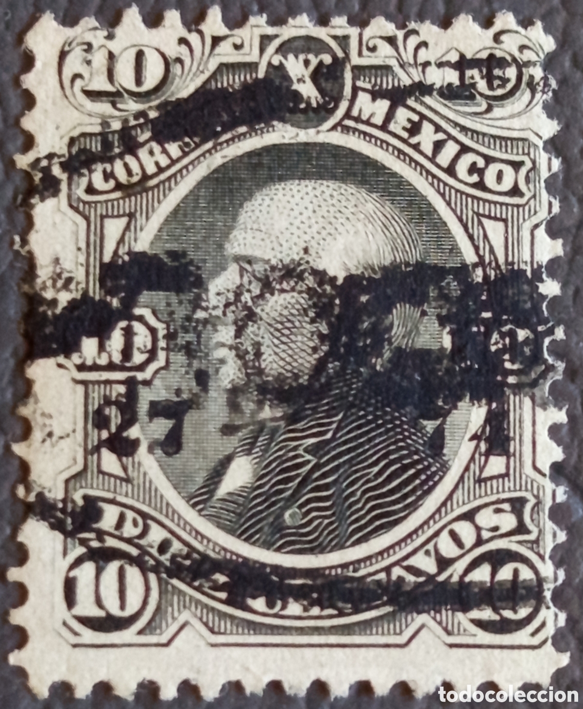 Sellos: M&eacute;xico 1879 Ju&aacute;rez 10 Centavos Negro Correos Mexico Dentado Usado Scott 113