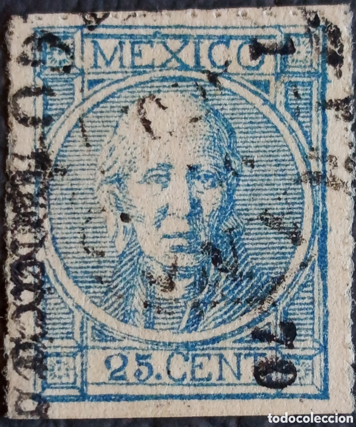 Sellos: M&eacute;xico 1868 Hidalgo de Frente 25 Centavos Azul Imperforado Usado Scott 25