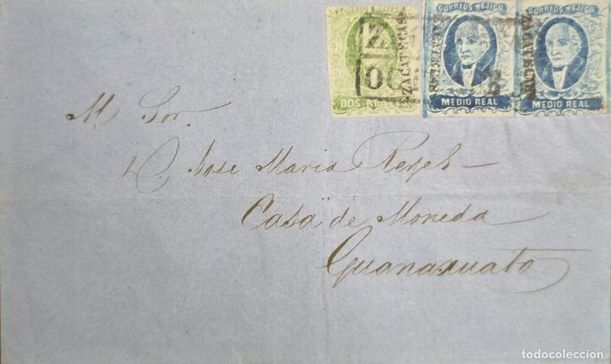 Sellos: O) 1856 circa, MEXICO,ZACATECAS, BOX CANCELLATION DOUBLE LINE, MIGUEL HIDALGO 2 reales emeral. MIGUE