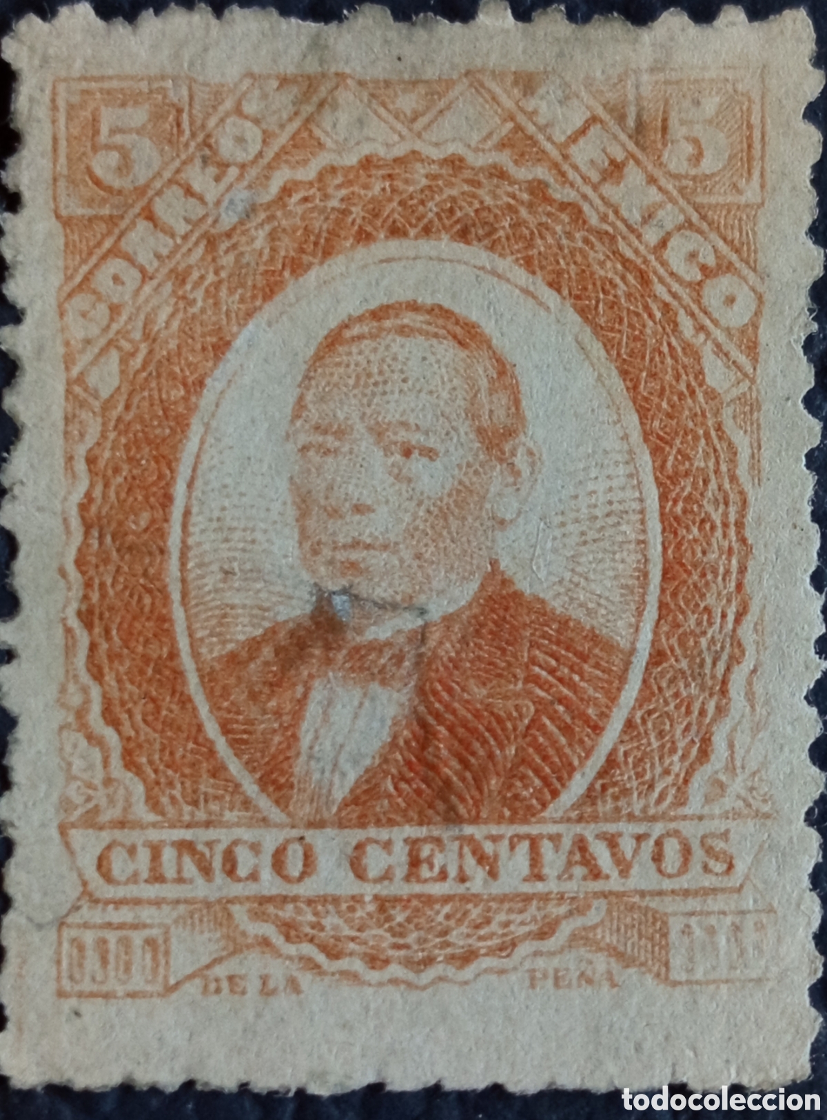 Sellos: M&eacute;xico 1879 Ju&aacute;rez Medall&oacute;n 5 centavos naranja De la Pe&ntilde;a Scott 159 MH