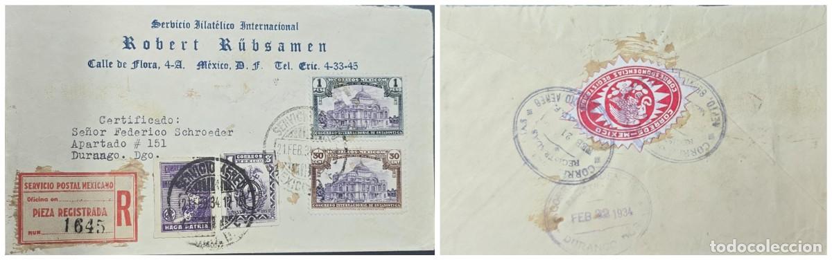 Sellos: O) 1934 MEXICO, TO DURANGO, MOTHER AND CHILD SCT RA5 1c violet, POSTAL TAX STAMP, PALACE OF FINE A
