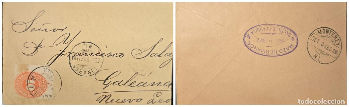 Sellos: O) 1892 MEXICO, SALTILLO, MAZO HERMANOS SALTILLO COAHUILA, LINARES N.L CANCELLATION, MEDALLION N
