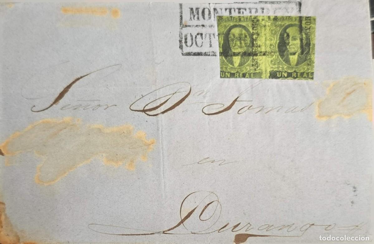 Sellos: O) MEXICO, MONTERREY, OVERPRINTED DATE AND DISTRIC, HIDALGO un real emerald, PAIR, CIRCULATED COVE