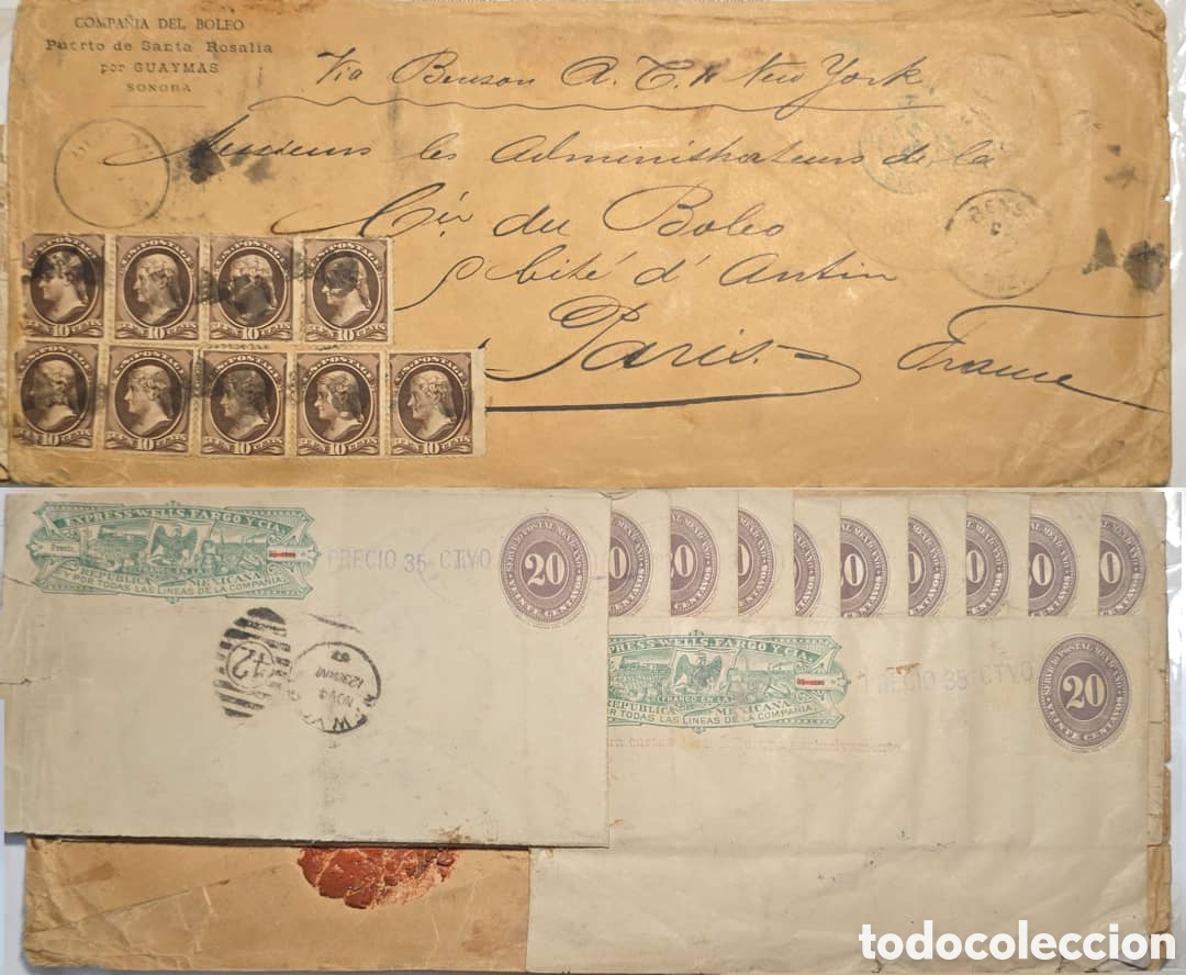 Sellos: Cy) 1887 &middot; Mexico &middot; Rare postal artifact &mdash; Envelope paste‑up from Guaymas to Paris