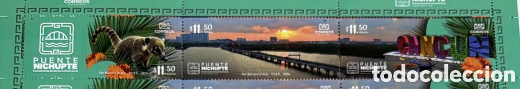 Sellos: CA) M&Eacute;XICO 2024.A commemorative postage stamp strip featuring the Nichupt&eacute; Vehicle Bridge (Puente Ve