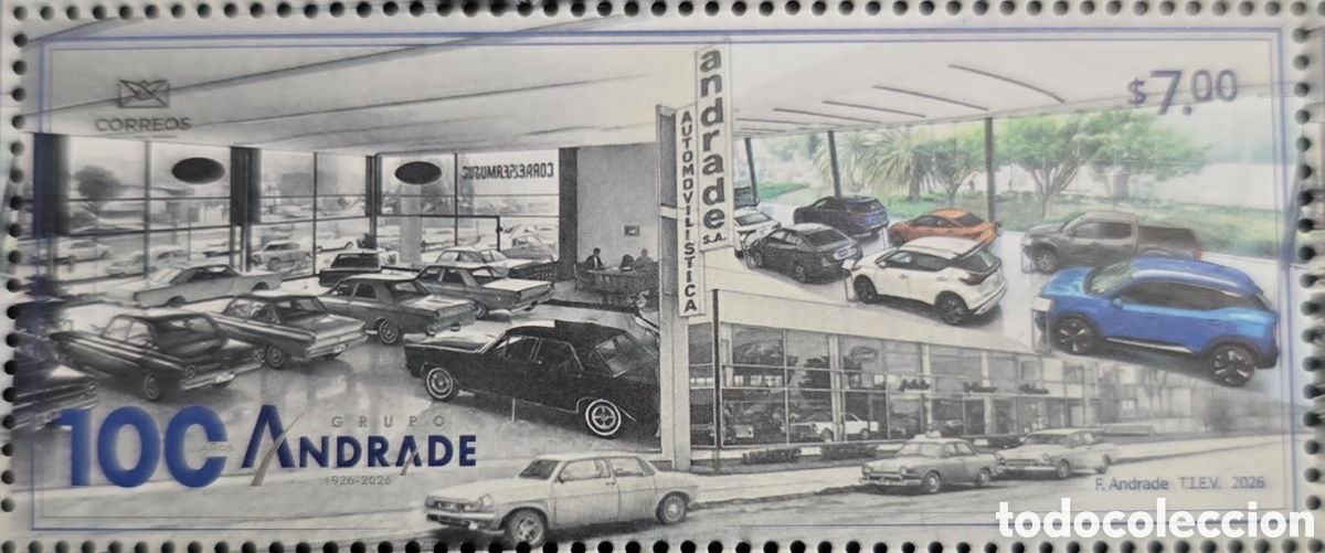 Sellos: CA) 2026, Mexico, timbre for the centenary of Grupo Andrade (1926-2026), which shows a visual evolut
