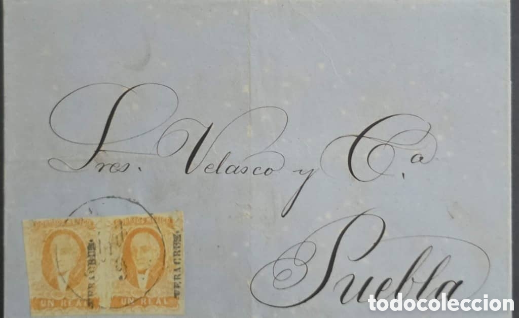 Sellos: CA)1856, Mexico Over-circulated from Veracruz to Puebla with two stamps of a real with cancellation