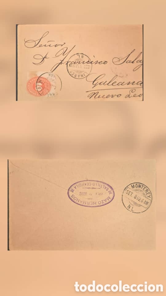 Sellos: CA) Mexico, Overcirculated from Saltillo to Galeana, Nuevo Leon. 10 cent number stamp. Multiple circ