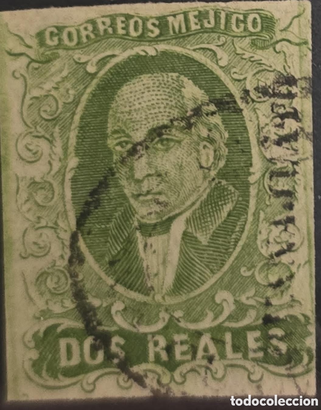 Sellos: CA) 1856,Mexico, Guanajuato, Green Royals with Oval Cancellation. Scott: 3