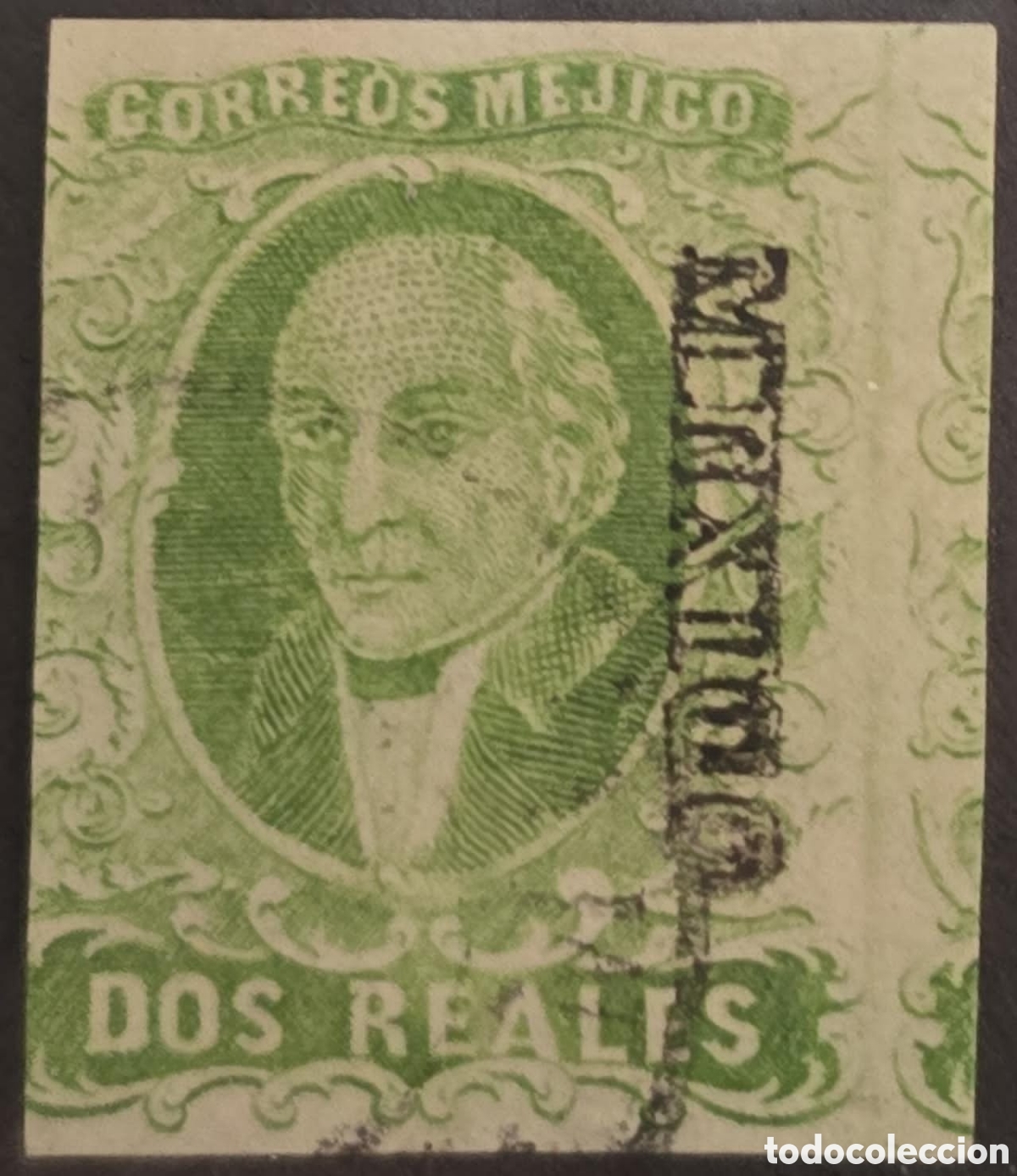 Sellos: CA) 1856,Mexico,2 real green with circular cancellation. Scott: 3