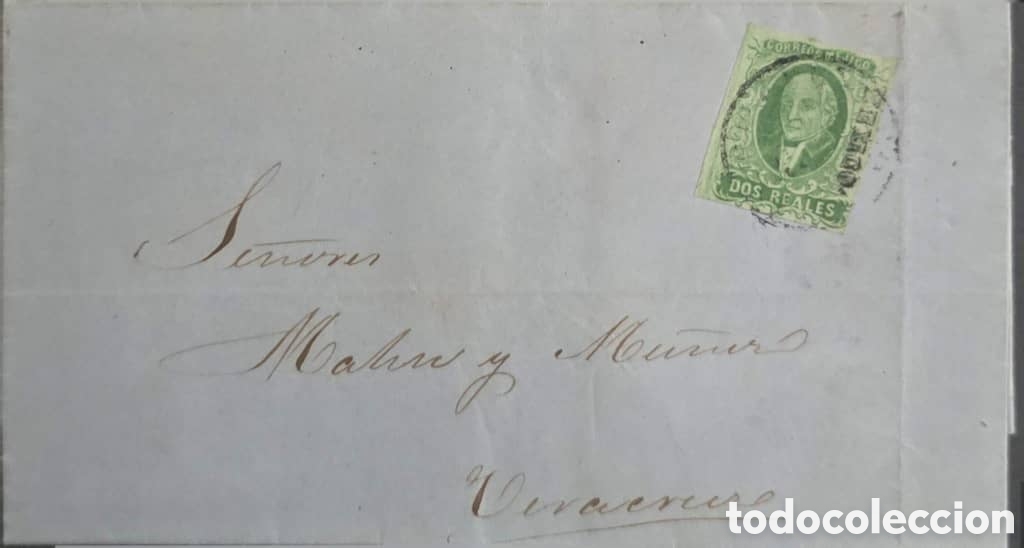 Sellos: CA)1856, Mexico, over-circulated to Veracruz, with a timbre of 2 reales with circular cancellation o