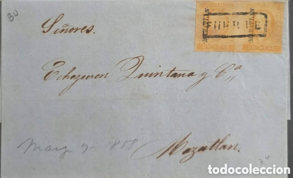 Sellos: CA) 1856, Mexico, on the road to Mazatl&aacute;n, with 2 stamp2 of 1 reais with cancellation in cash and da