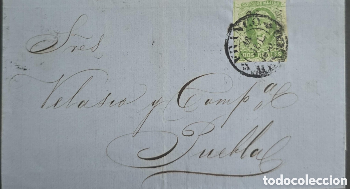 Sellos: CA)1856, Mexico, over-circulated to Puebla, with a timbre of 2 reales with circular cancellation of
