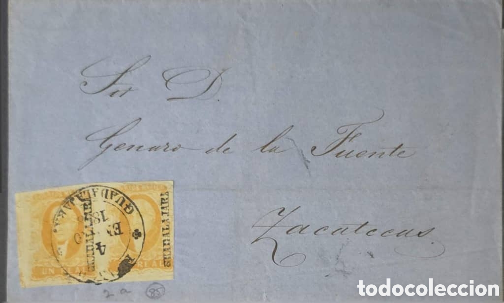 Sellos: CA)1856, Mexico, over-circulated to Puebla, with a timbre of 2 reales with circular cancellation of