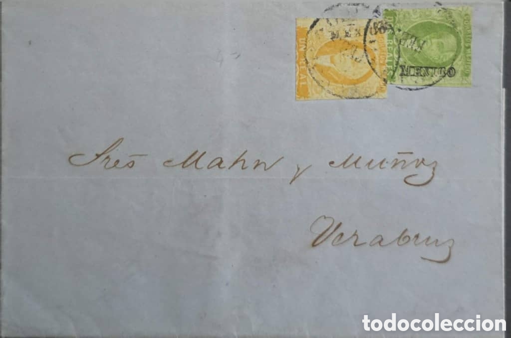 Sellos: CA) 1856, MEXICO, over-circulated from Mexico to Veracruz with one and two real timbres with double-