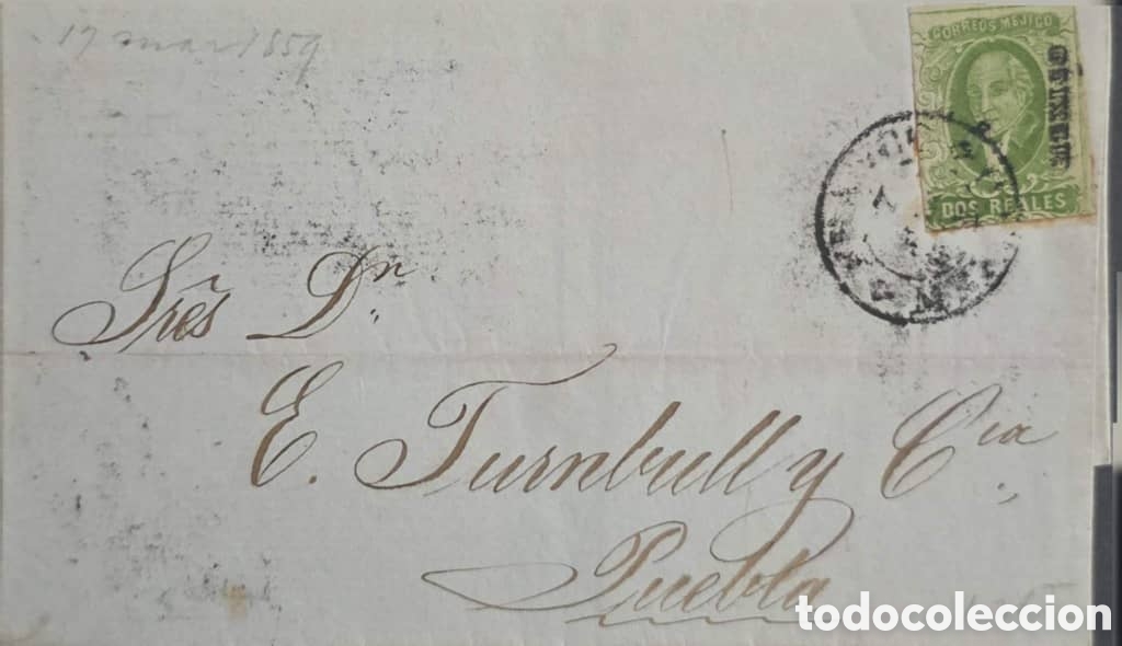 Sellos: CA) 1856, MEXICO, over-circulated from Mexico to Veracruz with one and two real timbres with double-