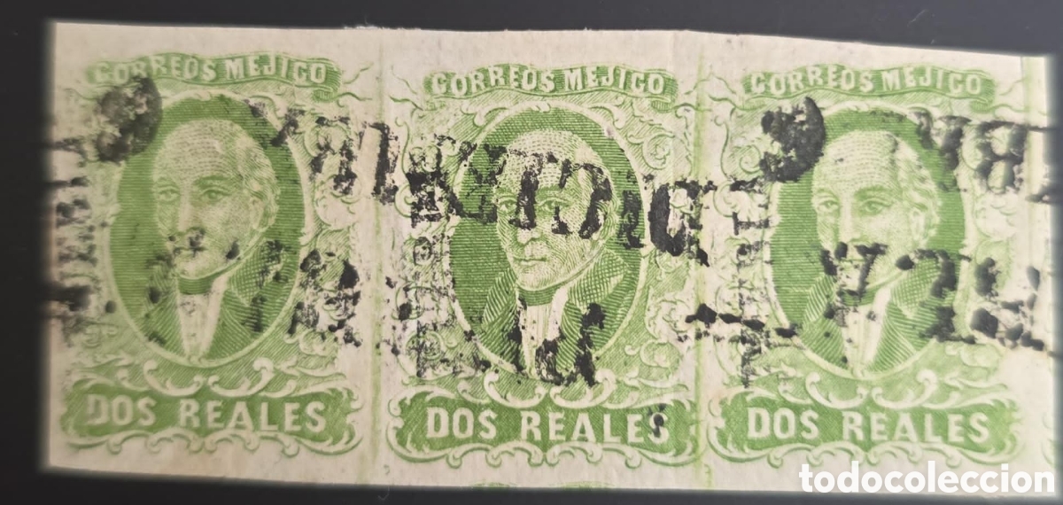 Sellos: CA) 1856,Mexico, Puebla, three green real 2 stamps with linear cancellation. Scott: 3