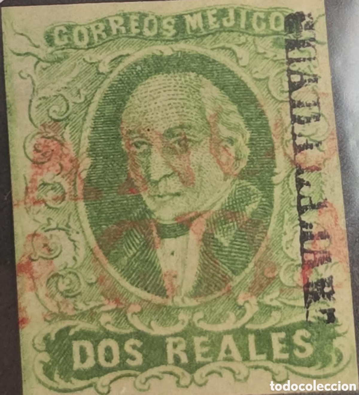 Sellos: CA) 1856, Mexico, Guadalajara, 2 real green with linear cancellation Scott: 3