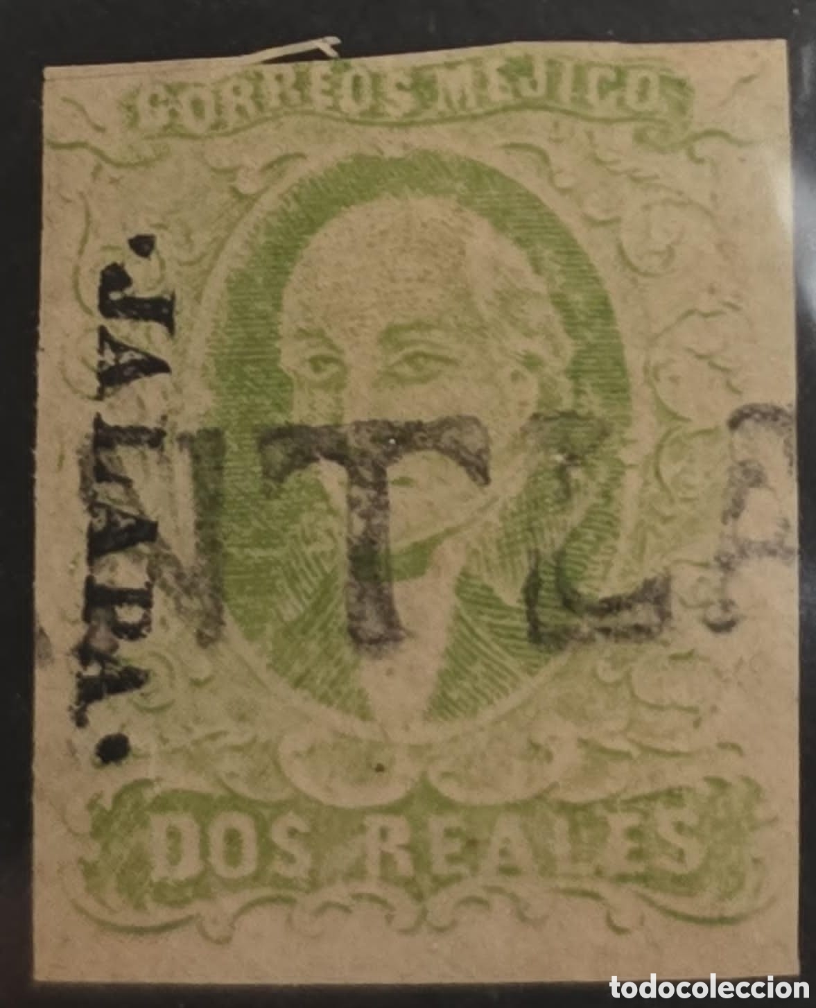 Sellos: CA) 1856,Mexico,Jalapa,2 real green with linear cancellation. Scott: 3