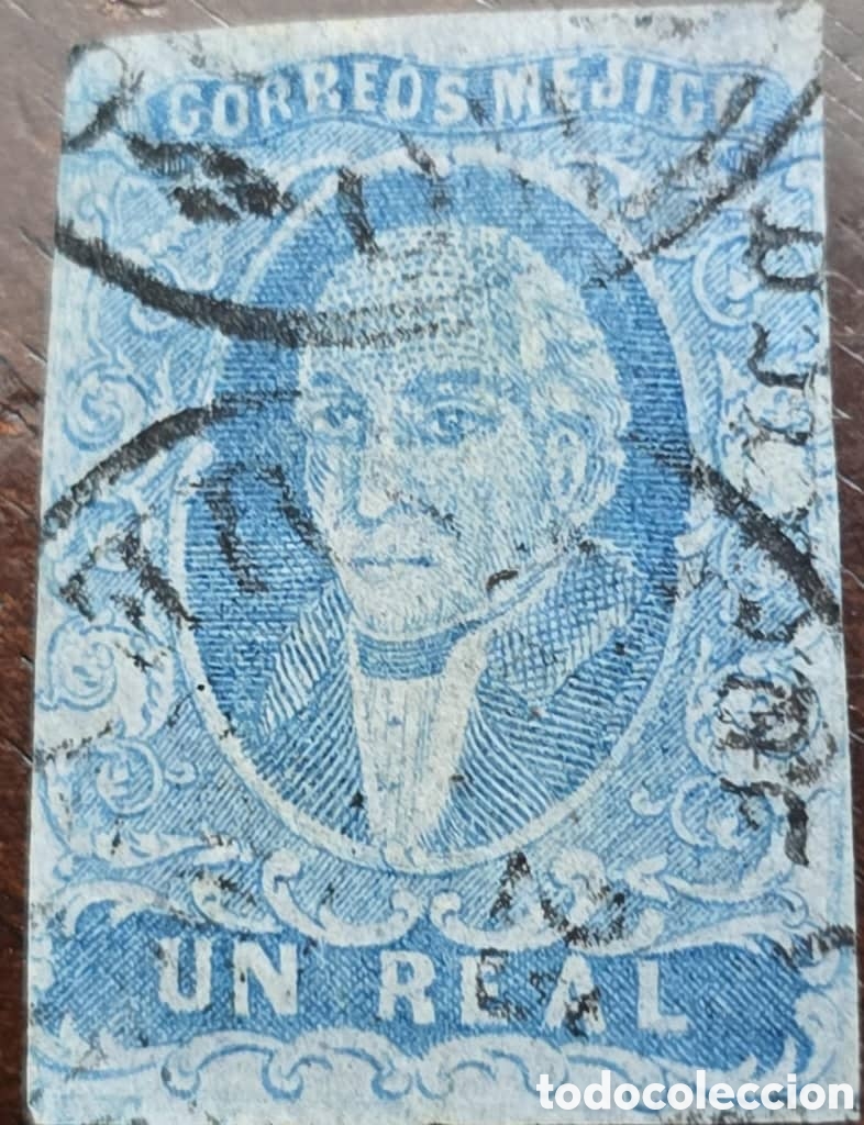 Sellos: CA) 1867 Gothic Mexico, Jalapa, 1 blue real stamp, double circular cancellation. Scott 43