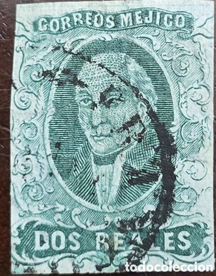 Sellos: CA) 1867 Mexico watermark, stamped paper, no district name, color error, 2 real green stamp, with ci