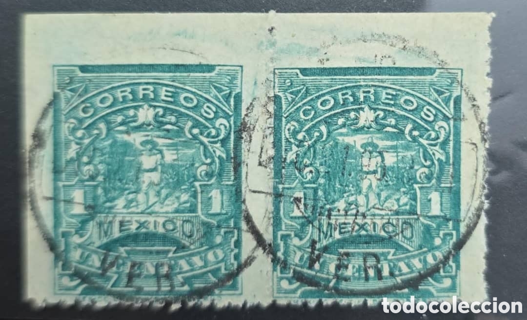 Sellos: CA) 1856, Mexico, Mulitas 1 cent green, with watermark EUM mails. Horizontal pair, top imperforate S