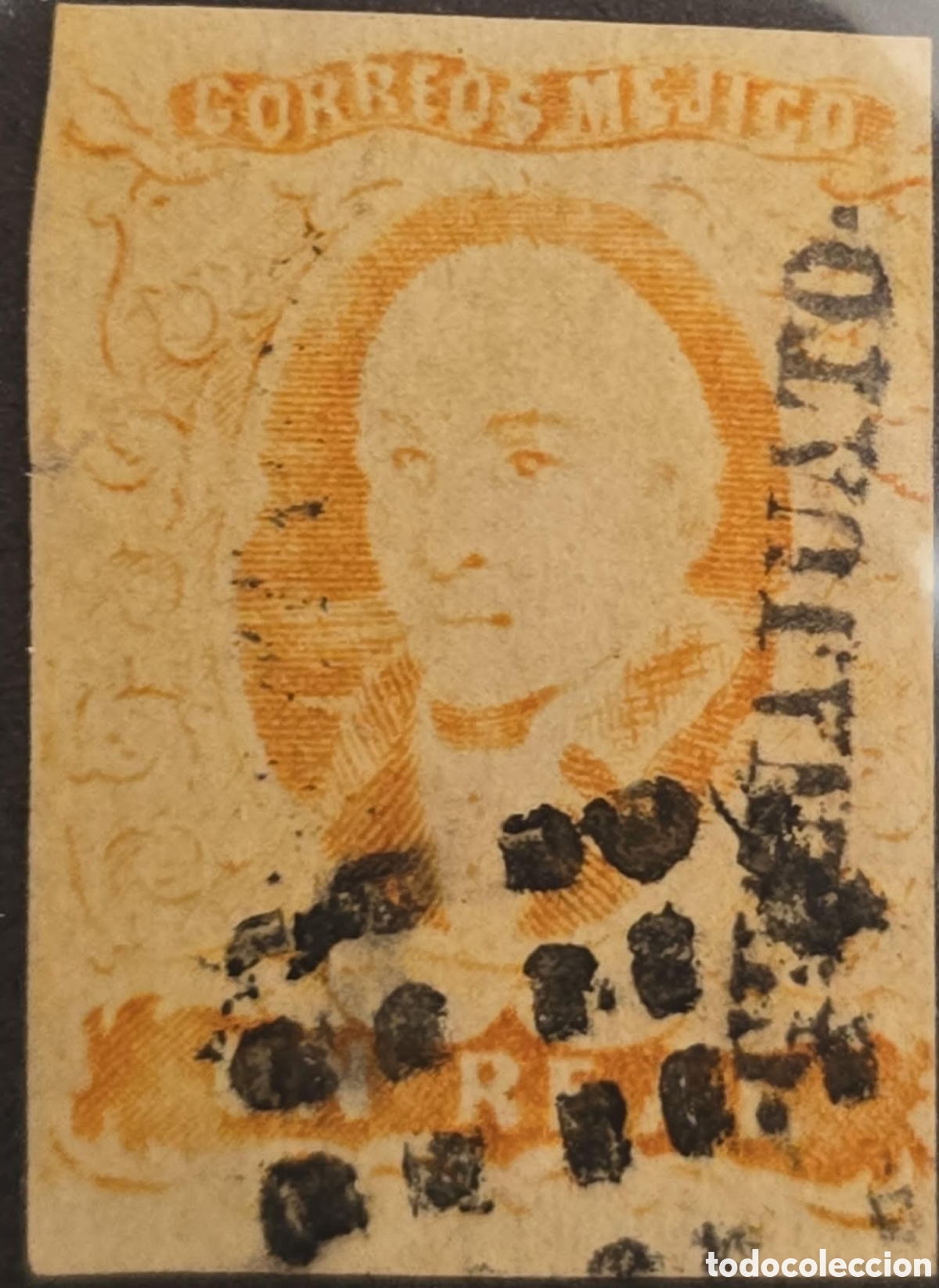 Sellos: CA) 1856,Mexico,Guanajuato, 1 real orange silent cancellation. Scott: 3