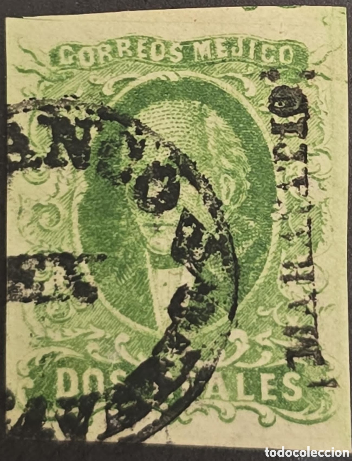 Sellos: CA)1856,M&eacute;xico, Maravaitio,2 reales verde con cancelaci&oacute;n circular ​Scott: 3 50 usd