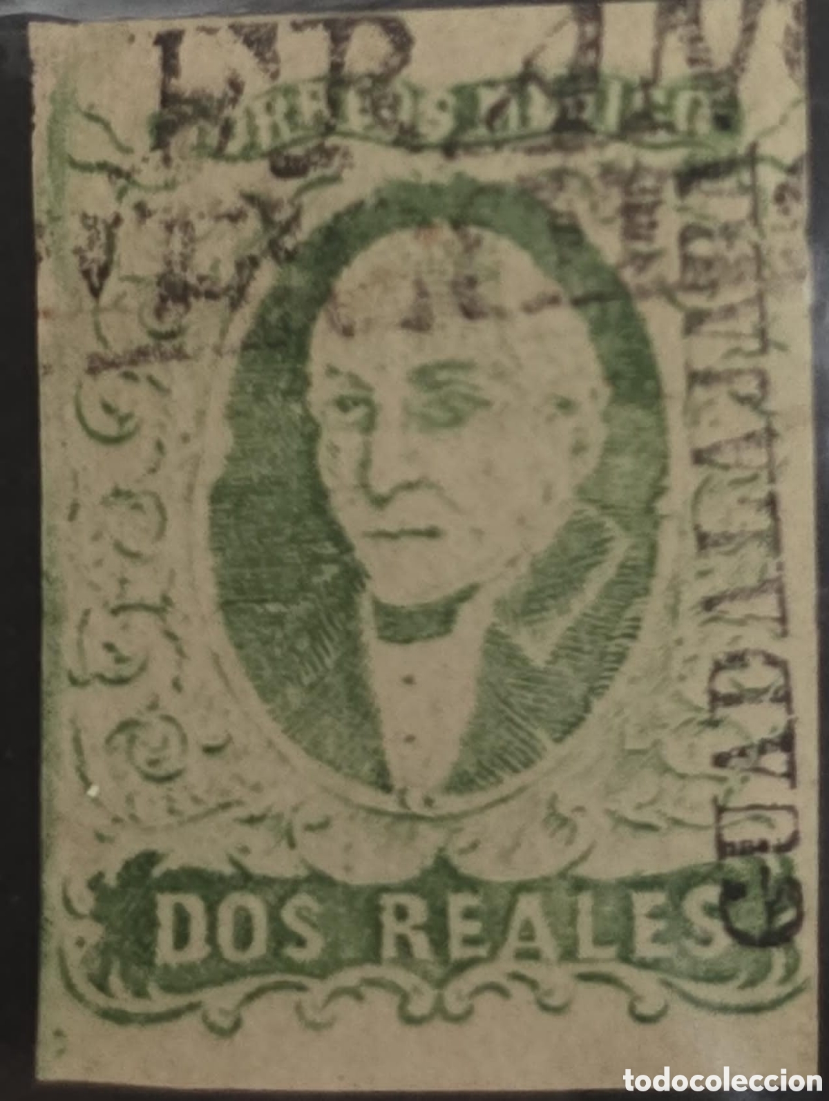 Sellos: CA) 1856, Mexico, Esmeralda, 2 reals green with linear cancellation Scott:3
