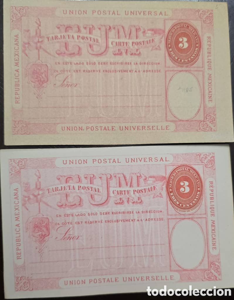 Sellos: CA)Mexico. Circa 1885&ndash;1890 Pair of unused 3-centavos red postal stationery cards issued by &rdquo;Rep&uacute;blic