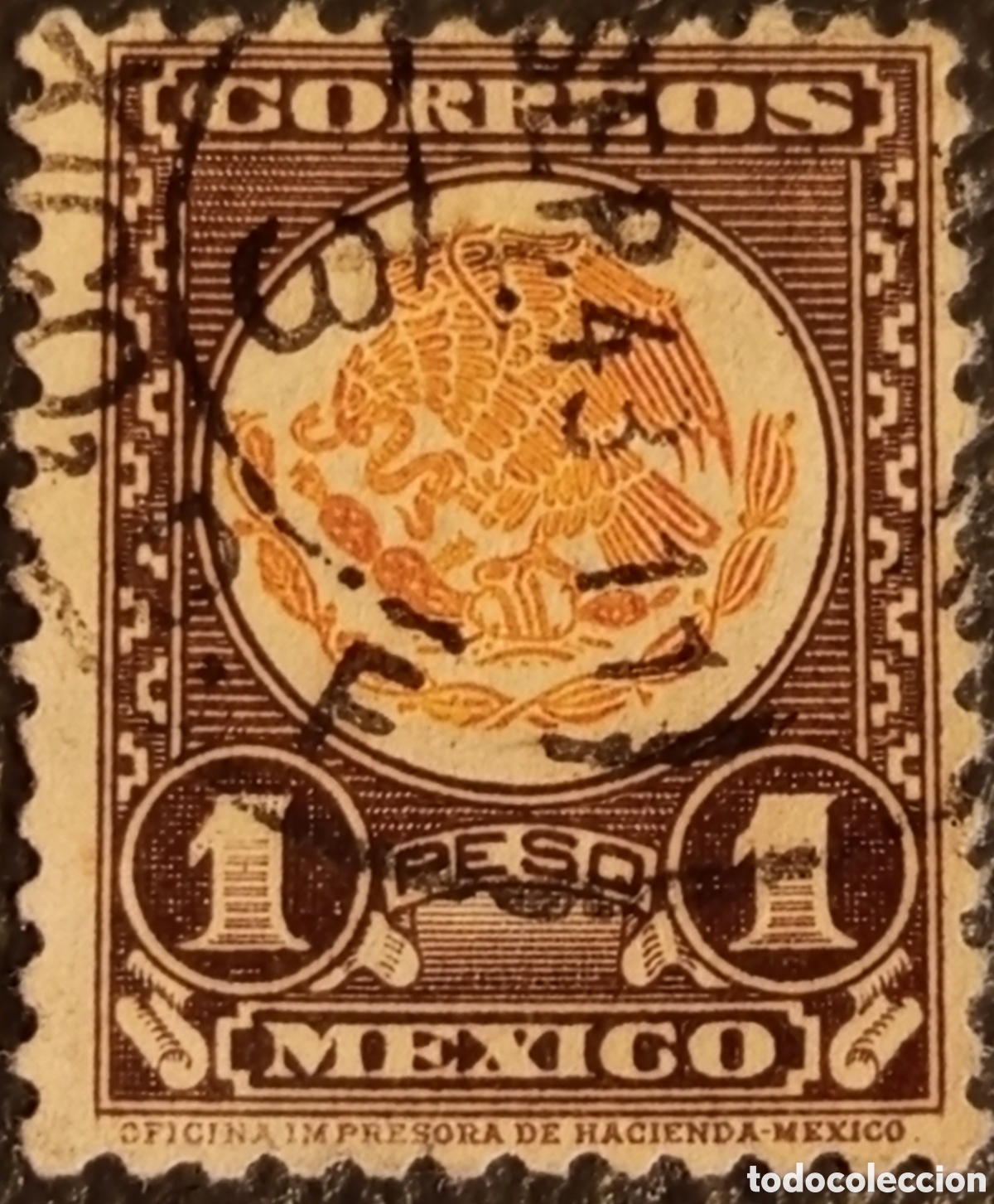 Sellos: Sello M&eacute;xico 1934 Correos 1 Peso Escudo Nacional - Scott #724 Usado
