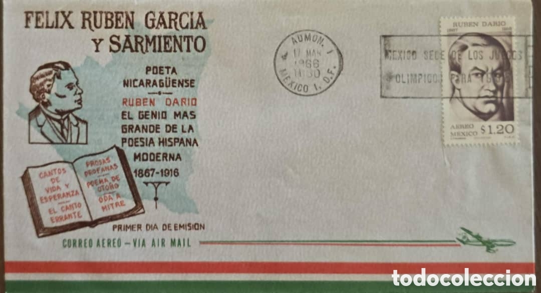 Sellos: CA) 1968 &middot; M&eacute;xico &middot; Rub&eacute;n Dar&iacute;o, homenaje literario a&eacute;reo conmemorativo.