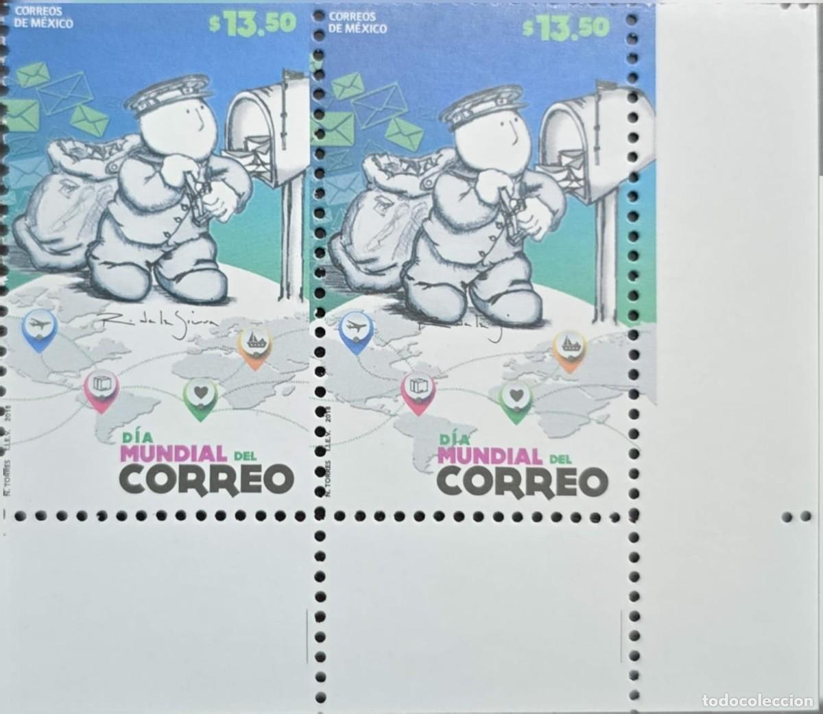 Sellos: O) 2018 MEXICO,WORLD POST DAY, POSTMAN, PAIR, ERROR, MNH