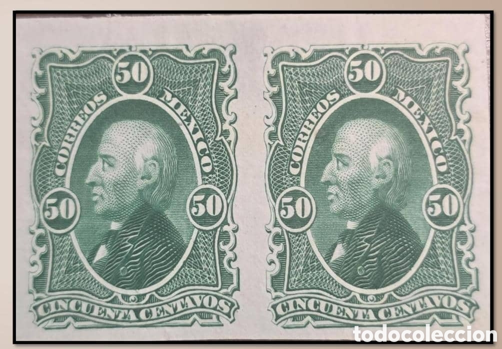 Sellos: CAJS)1874, M&eacute;xico Proof of Hidalgo 50 centavos on India paper. 270 usd