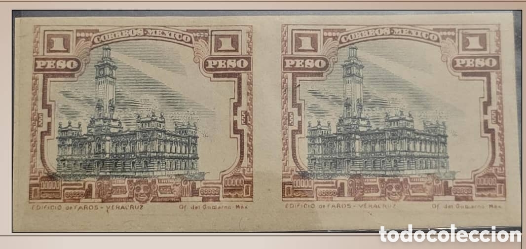 Sellos: CAJS)1915, Mexico. Imperforate proof of the 1 Peso Veracruz Lighthouse stamp. Scott: 513. Variety.