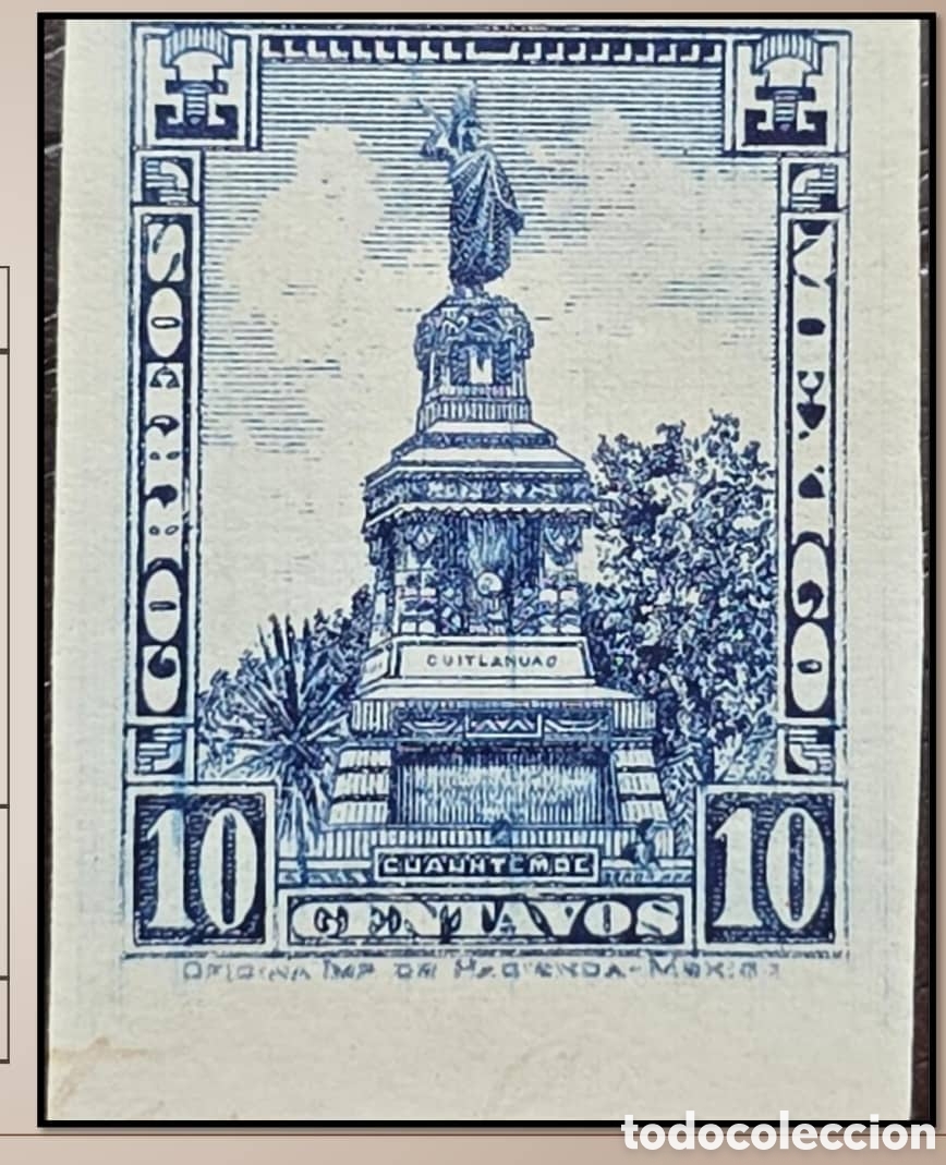 Sellos: CAJS)1923. MEXICO. Proof in dark blue color of Cuauht&eacute;moc monument of 10 centavos. 35 usd