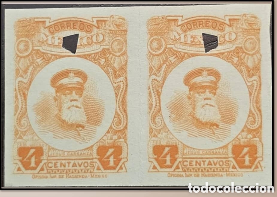 Sellos: CAJS)1917, MEXICO,Carranza, pair of 4 centavos stamps, die proof in green color. A71. 50 usd
