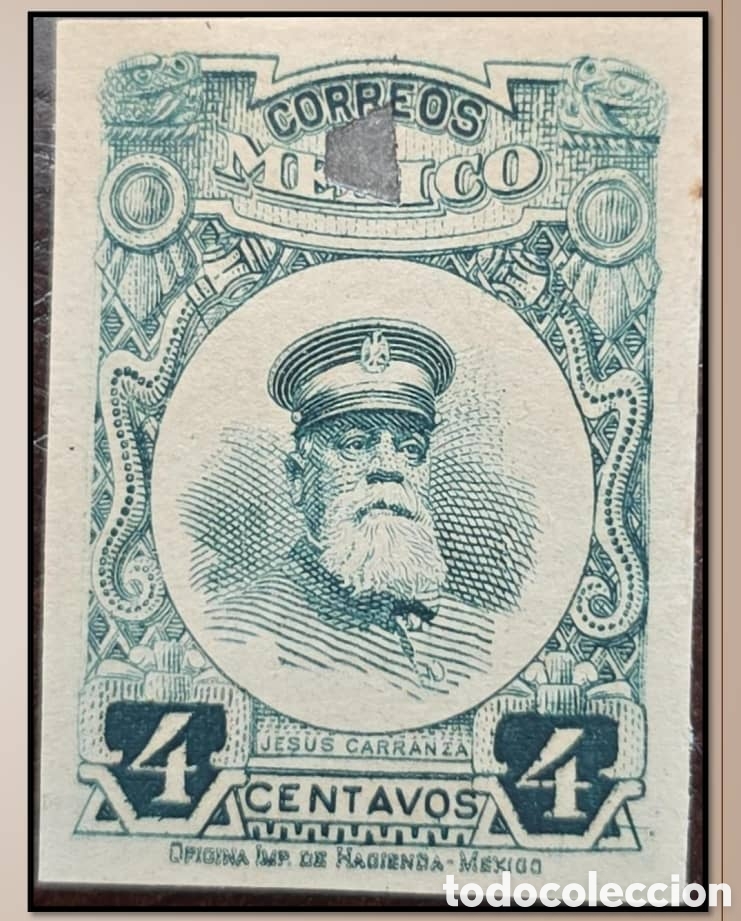 Sellos: CAJS)1917, Mexico Jes&uacute;s Carranza, 4 centavos, die proof in green color. A71. 25 usd