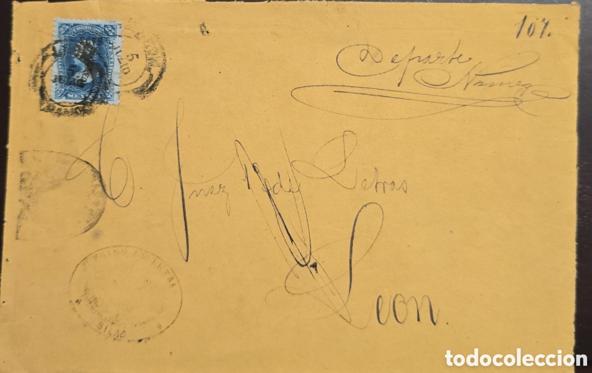 Sellos: Cy) 1874 &mdash; Mexico &mdash; Vintage envelope with ornate cursive handwriting, bearing a blue Mexican postage