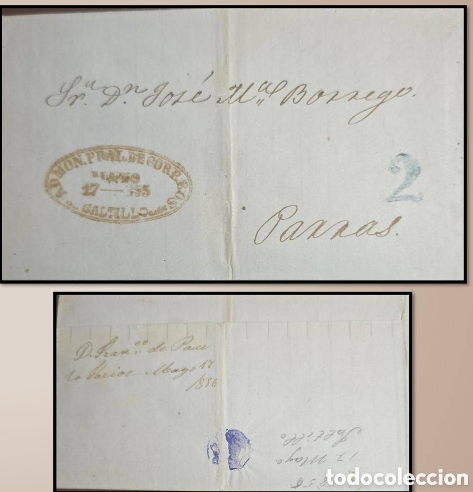 Sellos: CA)Cover circulated to Parras, with 2 reales postage and Saltillo ocher oval cancellation. Black st