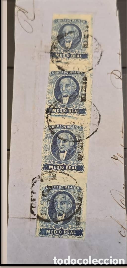 Sellos: CA)1856.DISTRICT: M&Eacute;XICO Fragment containing a strip of 4 stamps of &frac12; real, different tones, with