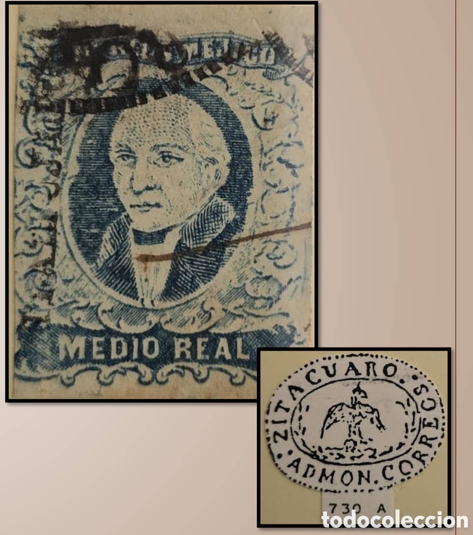 Sellos: CA)1856.DISTRICT: TLALPAJAHUA&frac12; real with barely visible cancellation. Plate I, position 13. Scott: