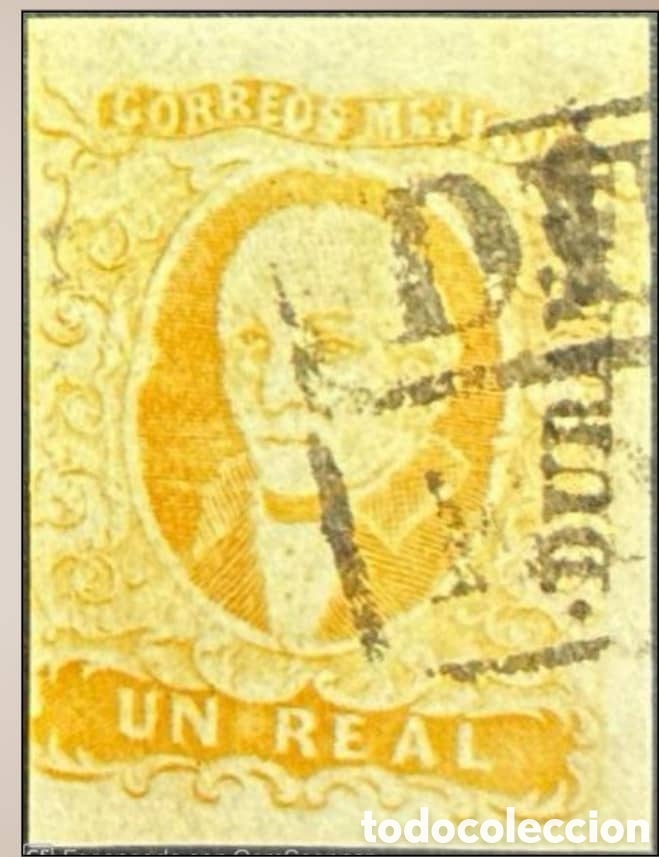 Sellos: CA)1856.DISTRICT: DURANGO 1 Real with box cancellation, with district name reading upwards. Scott:
